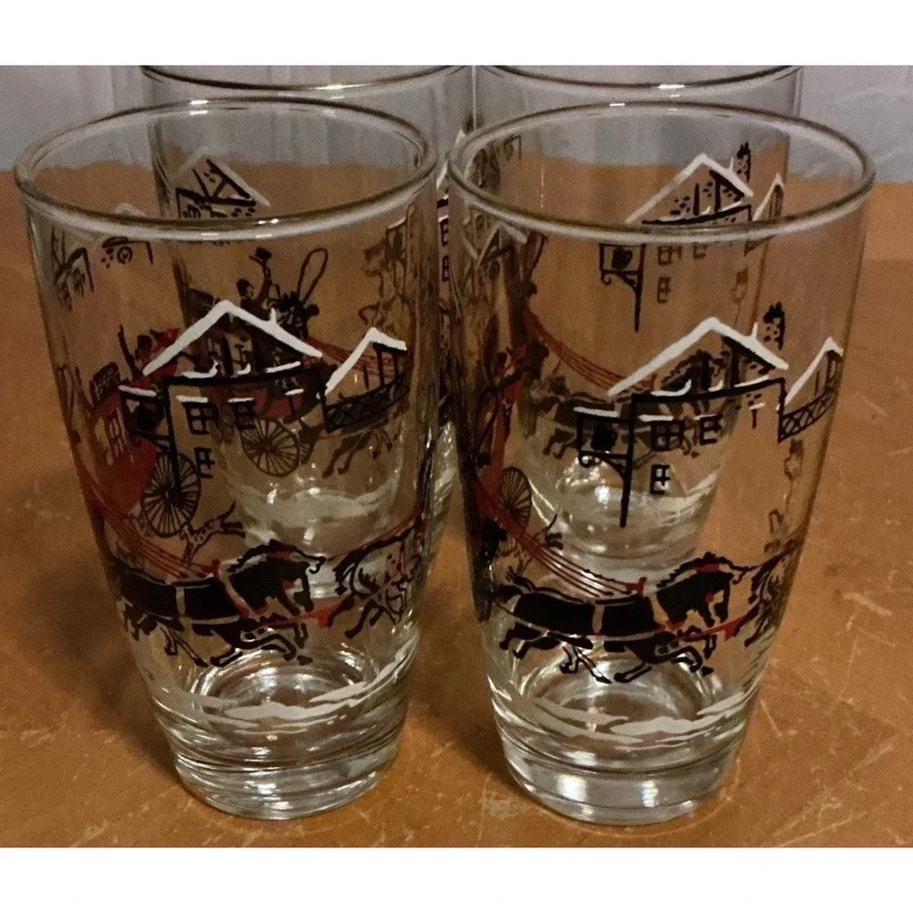 Vintage 1950s Libbey Stagecoach Horses Christmas Glasses, Set Of‎ 4, Gold Rim